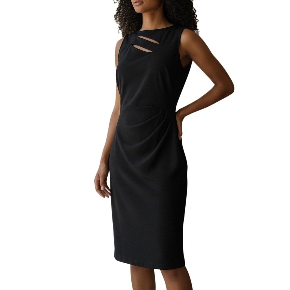 Tahari Arthur S. Levine Sheath Dress Womens 8 Black Cutout Neckline Ruched‎ LBD